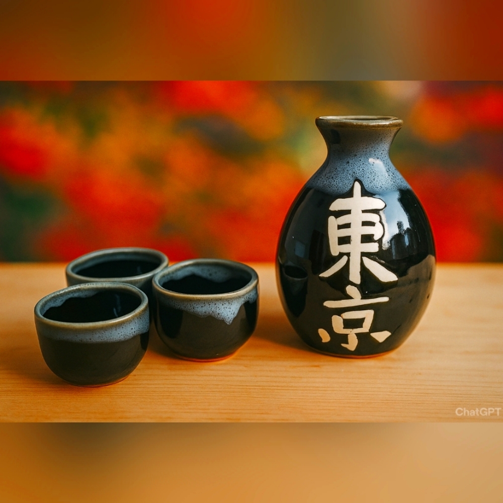 Japenese Black Ceramic Sake Set With Bold Kanji